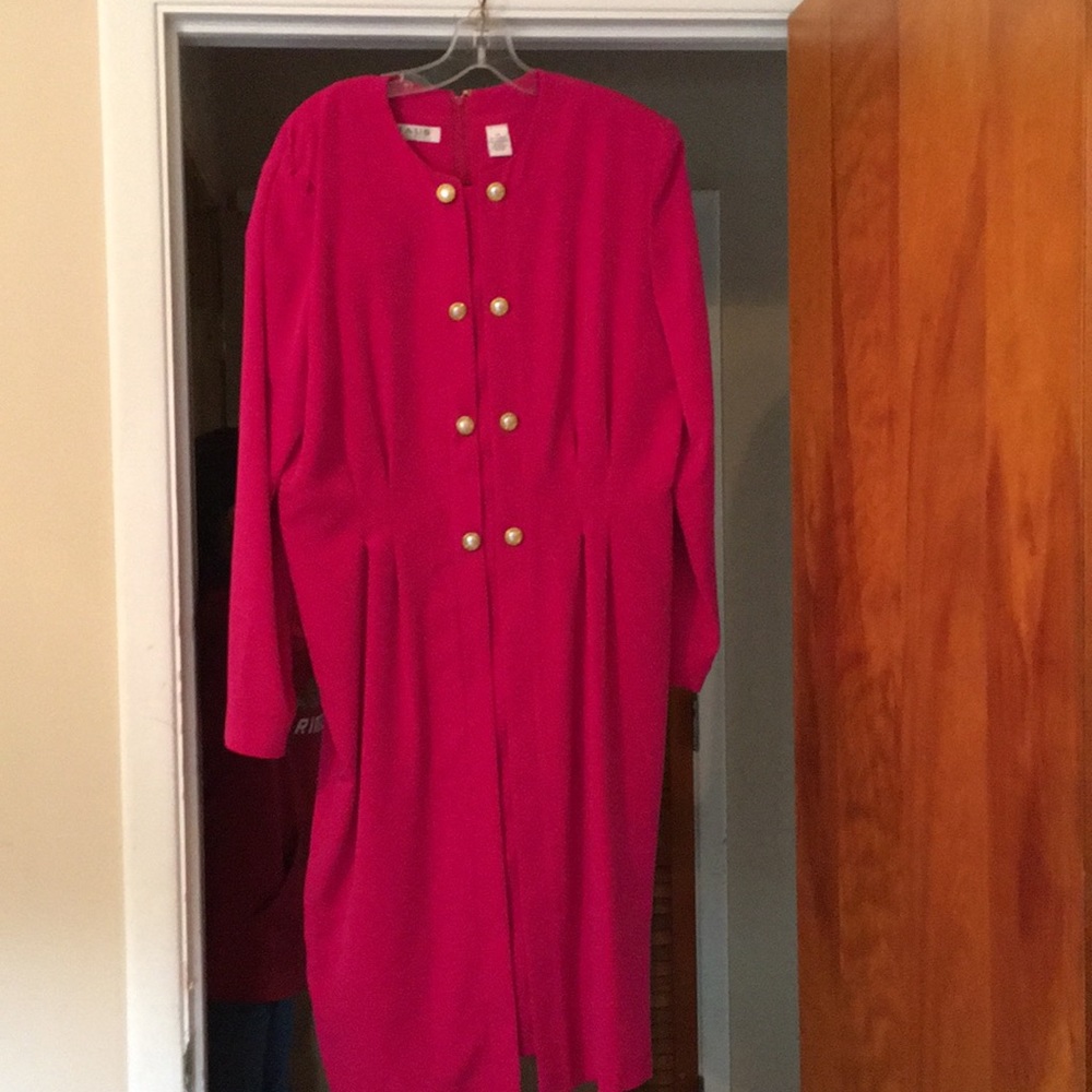 Pink shoulder pad button gold button detail dress